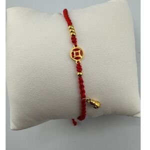 Red Braided Cord Bracelet Chinese Coin‎ Charm Gold Tone Adjustable